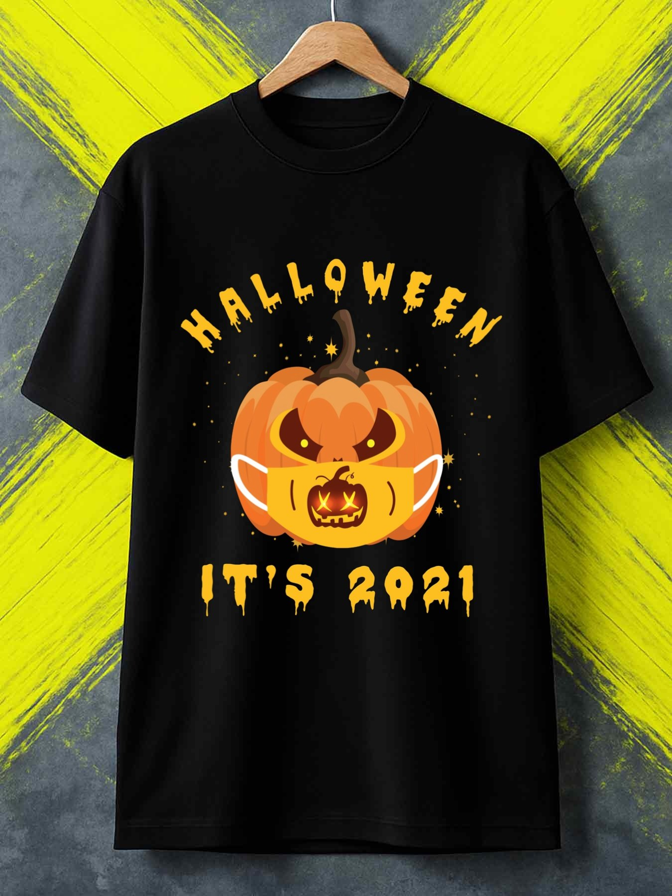 Men's Graphic T-Shirt Halloween Its 2021 Spooky Face Pumpkin With Glowing Expression Under Dark Night