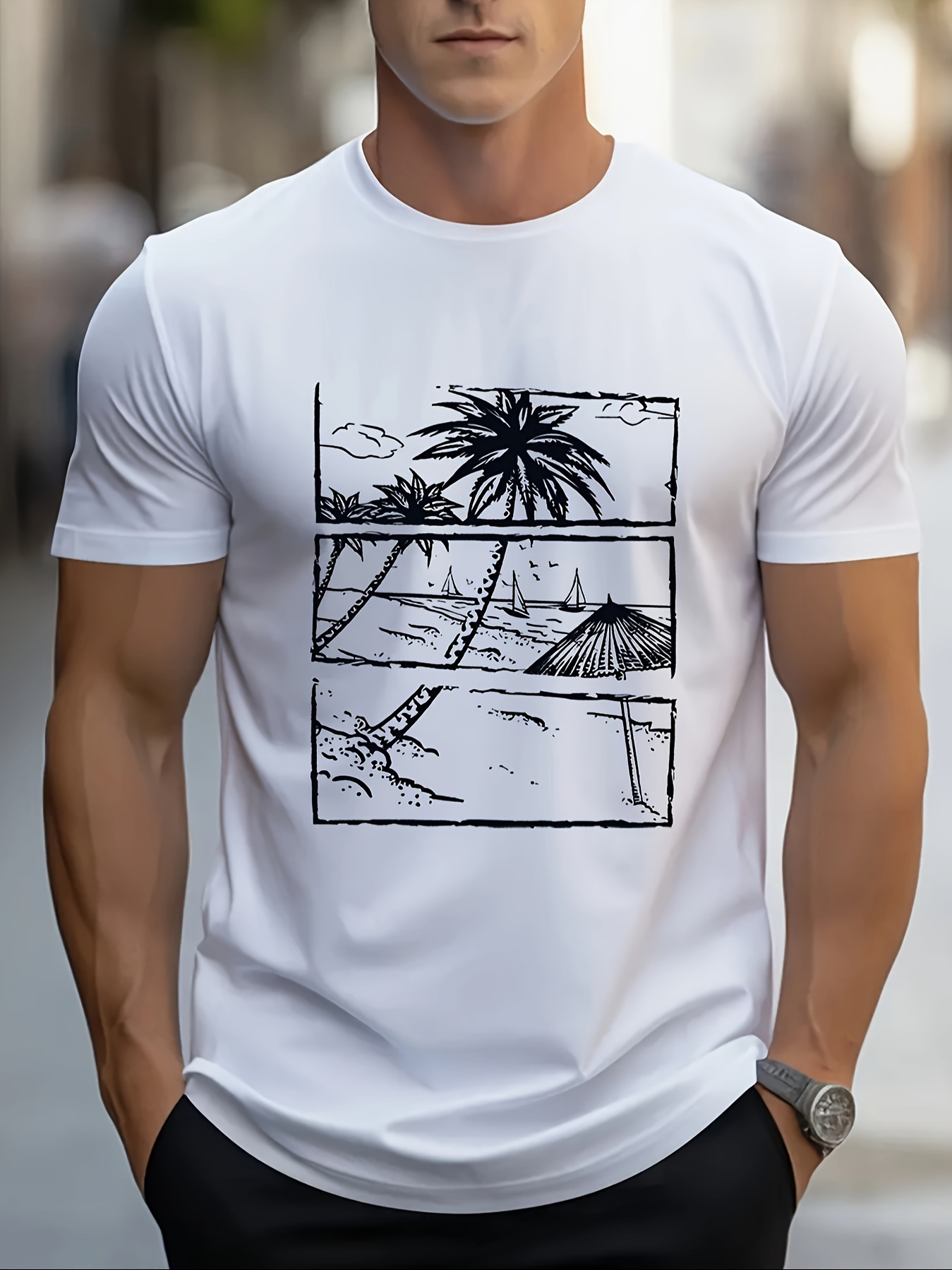 Men's Graphic T-Shirt Hand Drawn Beach Scene With Palm Trees And Ocean Hut