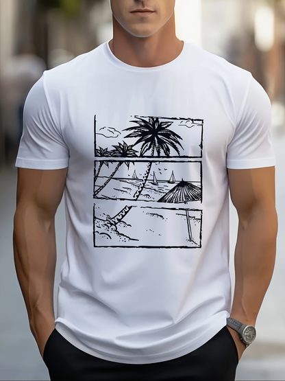 Men's Graphic T-Shirt Hand Drawn Beach Scene With Palm Trees And Ocean Hut