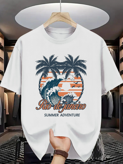 Men's Graphic T-Shirt Rio De Janeiro Summer Adventure Sunset Palms With Ocean Waves Under A Golden Sky