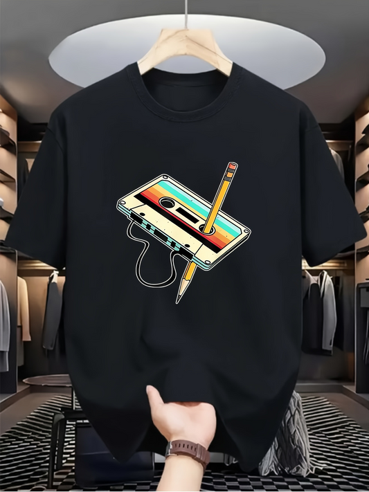 Men's Graphic T-Shirt Retro Cassette Tape With Colorful Pencil And Vintage Audio Wire