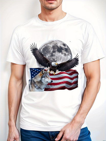 Men's Graphic T-Shirt Majestic Moonlit Sky With American Flag Eagle And Wolf
