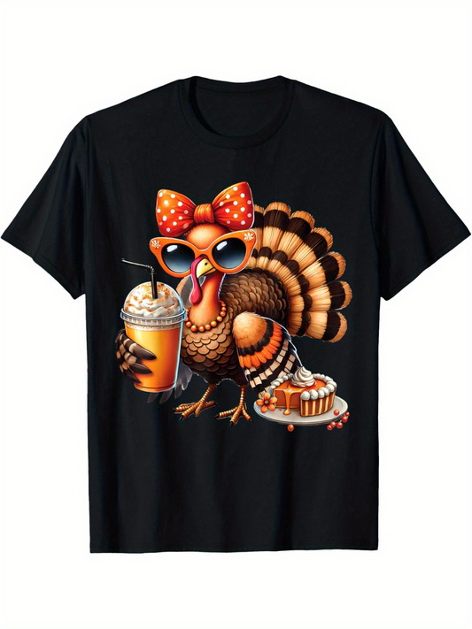 Men's Graphic T-Shirt Cool Turkey Wearing Sunglasses With Pumpkin Pie And Milkshake Turkey