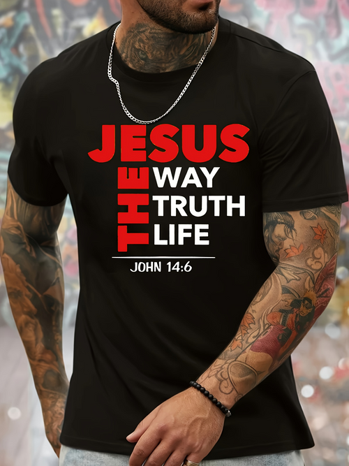 Men's Graphic T-Shirt Jesus The Way Truth Life Typography Black T Shirt