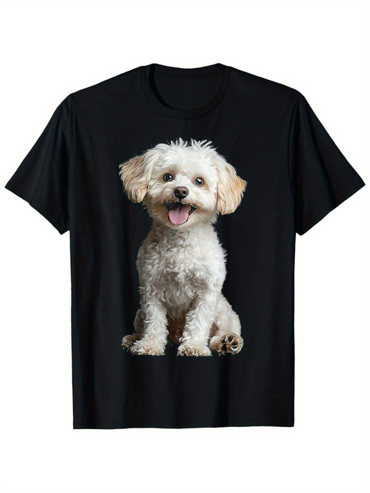 Men's Graphic T-Shirt Fluffy White Puppy Sitting With Tongue Out Smiling Cheerful Dog