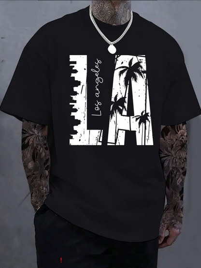 Men's Graphic T-Shirt Los Angeles Skyline With Palm Trees Under Black Night LA