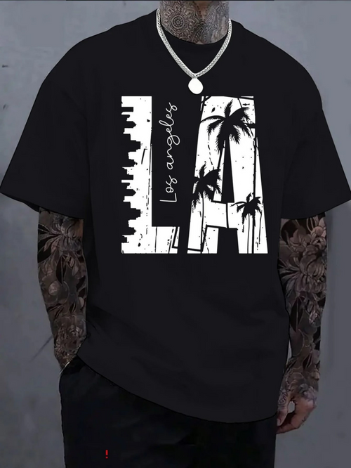 Men's Graphic T-Shirt Los Angeles Skyline With Palm Trees Under Black Night LA