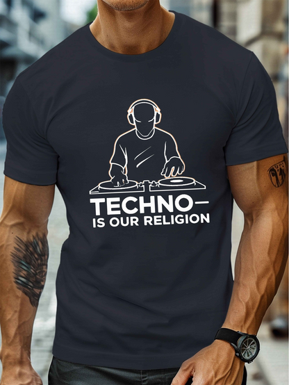 Men's Graphic T-Shirt Techno Is Our Religion Line Art DJ With Headphones Mixing Music On Decks