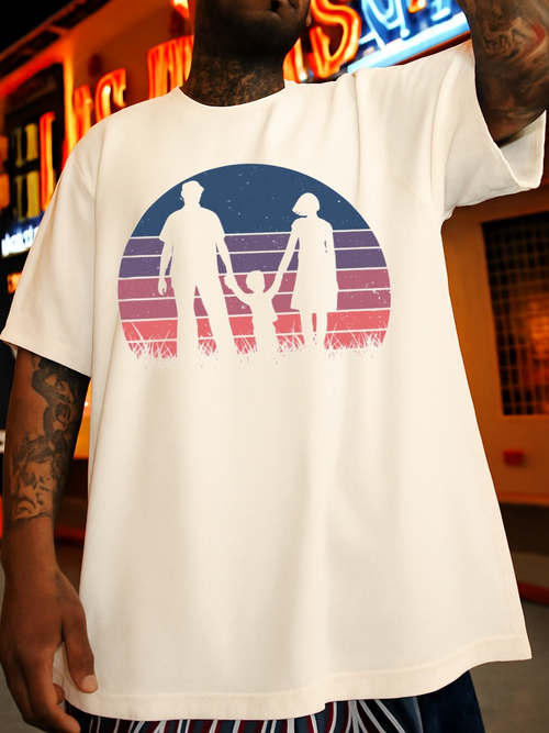 Men's Graphic T-Shirt Retro Sunset With Silhouetted Family Holding Hands Scene