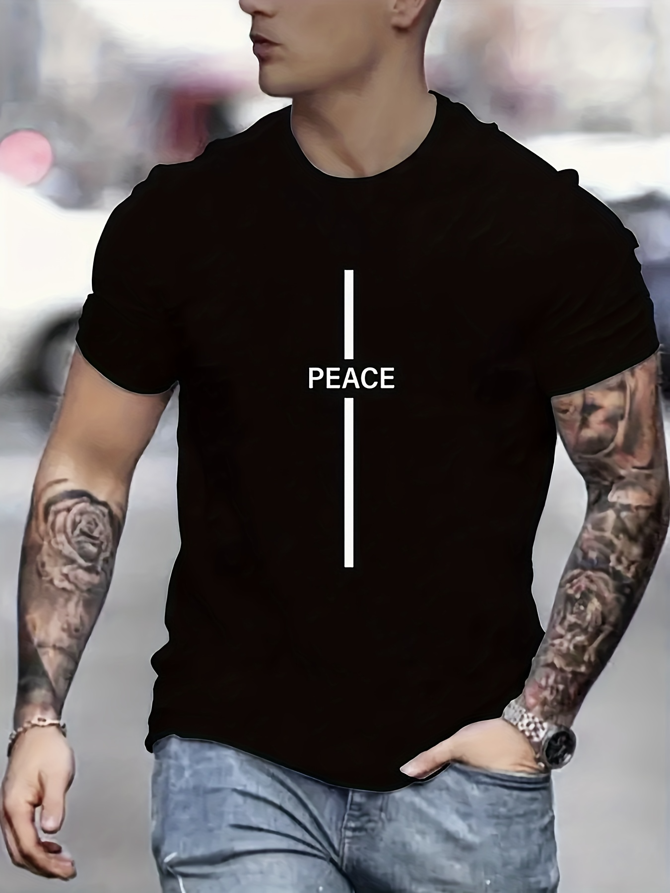 Men's Graphic T-Shirt Minimalist Vertical White Stripe With Peace Word Across Chest