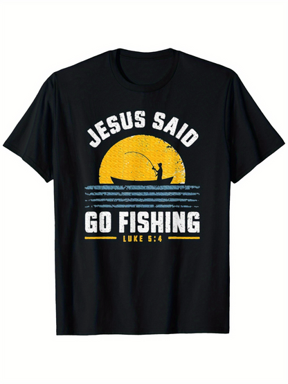 Men's Graphic T-Shirt Jesus Said With Setting Sun And Fisherman Under Yellow Sky Fishing Boat