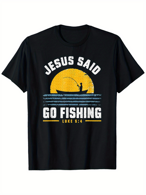 Men's Graphic T-Shirt Jesus Said With Setting Sun And Fisherman Under Yellow Sky Fishing Boat