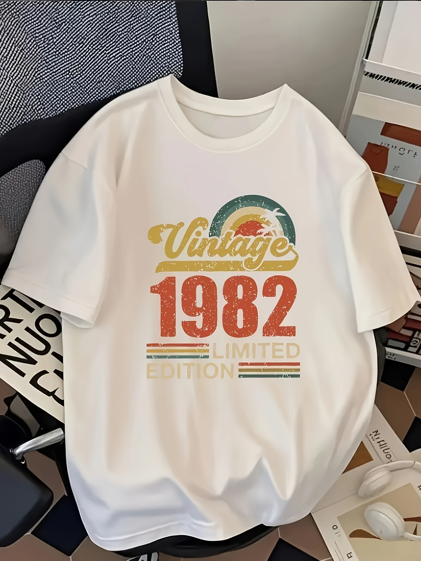 Men's Graphic T-Shirt Vintage 1982 Typography With Retro Rainbow Design T Shirt