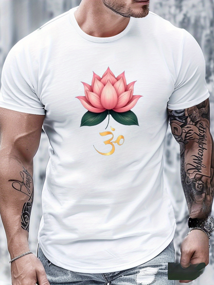 Men's Graphic T-Shirt Pink Lotus With Green Leaves And Sanskrit Symbol Blossom