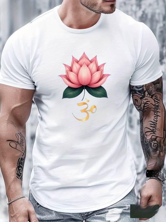 Men's Graphic T-Shirt Pink Lotus With Green Leaves And Sanskrit Symbol Blossom