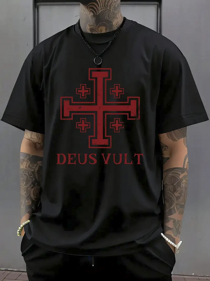 Men's Graphic T-Shirt Deus Vult Red Symbolic Cross With Medieval Graphic Elements