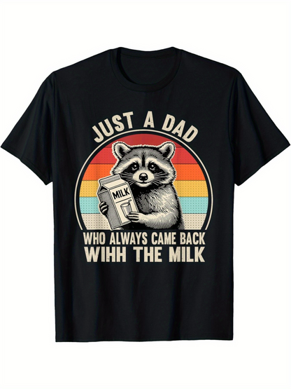 Men's Graphic T-Shirt Just A Dad Holding Milk With Sunset Stripes Smiling Raccoon