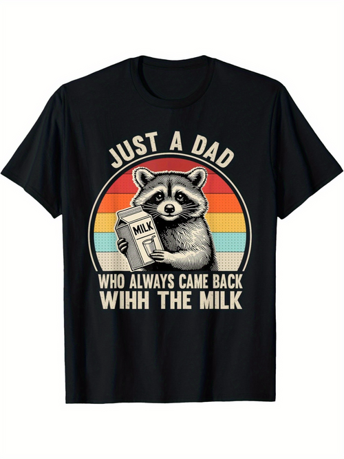Men's Graphic T-Shirt Just A Dad Holding Milk With Sunset Stripes Smiling Raccoon