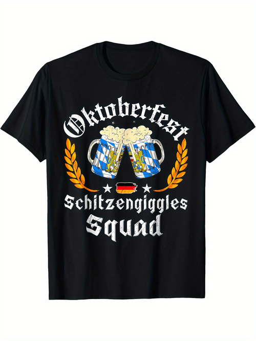 Men's Graphic T-Shirt Oktoberfest Schitzengiggles Squad Two Beer Mugs With Wheat And German Flag