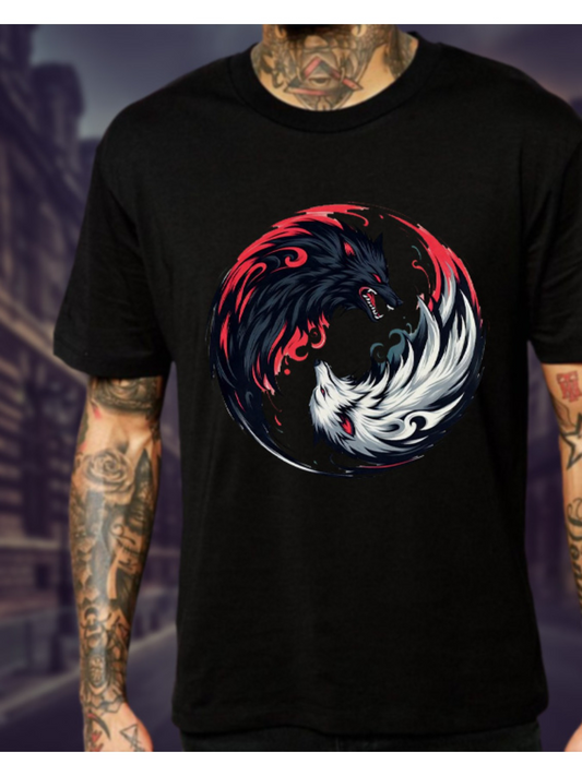 Men's Graphic T-Shirt Dynamic Opposing Wolves In Fiery And Icy Whirl Wind Circle