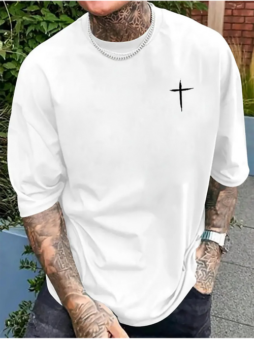 Men's Graphic T-Shirt Minimalist Black Cross Graphic On Plain White Shirt