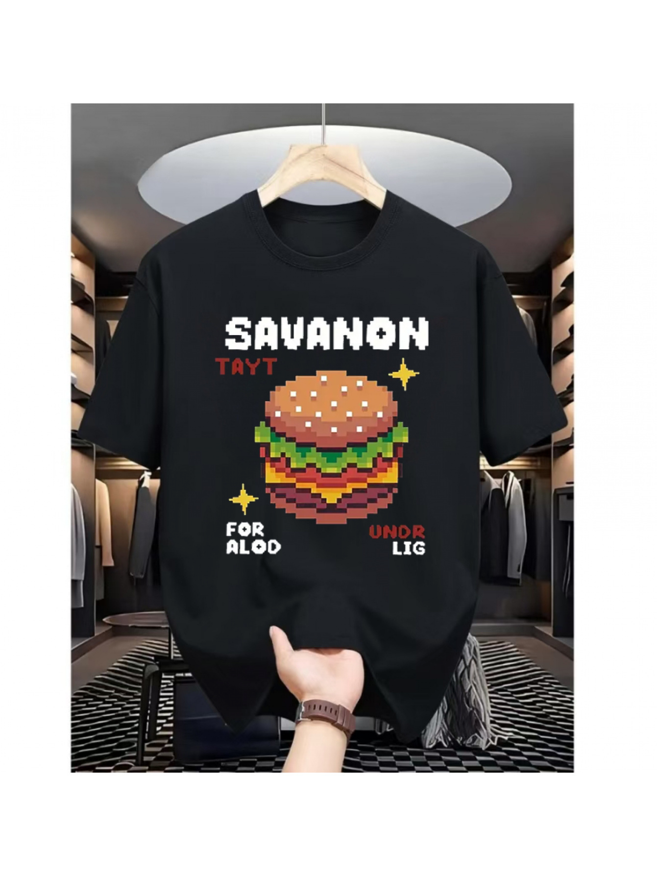 Men's Graphic T-Shirt SAVANON Cartoon Multilayered Burger Surrounded By Playful Text Design