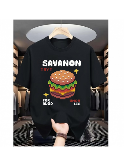 Men's Graphic T-Shirt SAVANON Cartoon Multilayered Burger Surrounded By Playful Text Design