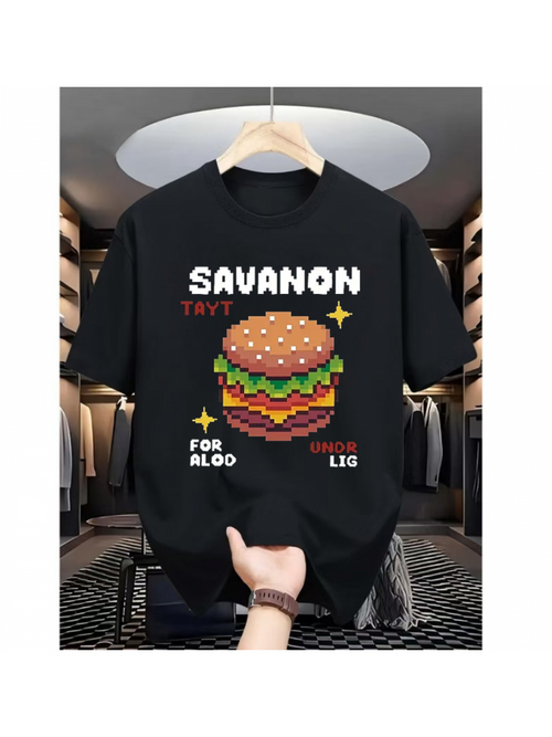 Men's Graphic T-Shirt SAVANON Cartoon Multilayered Burger Surrounded By Playful Text Design