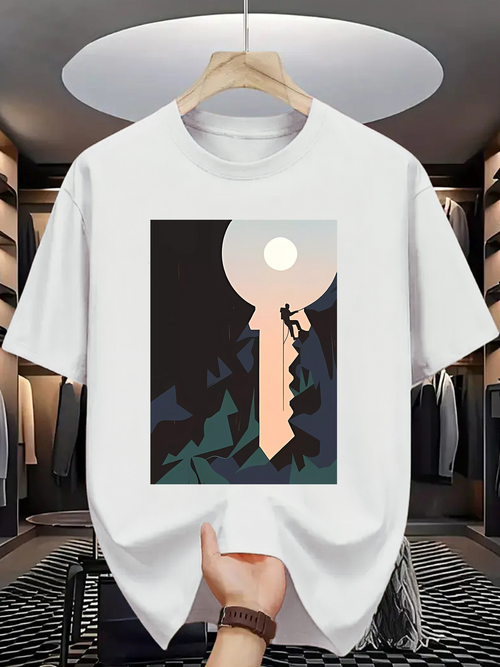 Men's Graphic T-Shirt Climber Reaching Toward The Full Moon Over Abstract Mountains Keyhole