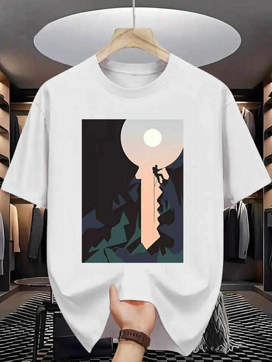 Men's Graphic T-Shirt Climber Reaching Toward The Full Moon Over Abstract Mountains Keyhole