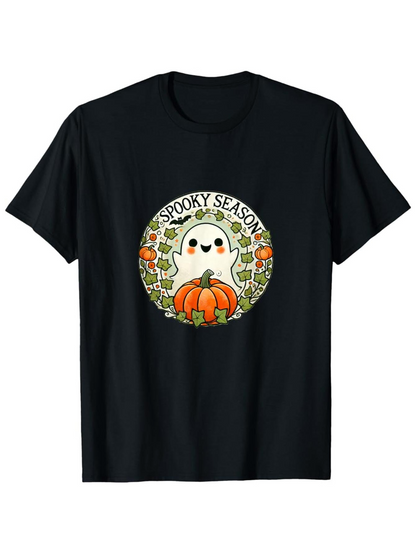Men's Graphic T-Shirt Spooky Season Surrounded By Pumpkins Leaves And Smiling Ghost