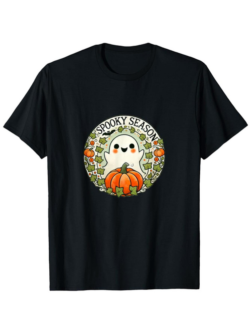 Men's Graphic T-Shirt Spooky Season Surrounded By Pumpkins Leaves And Smiling Ghost