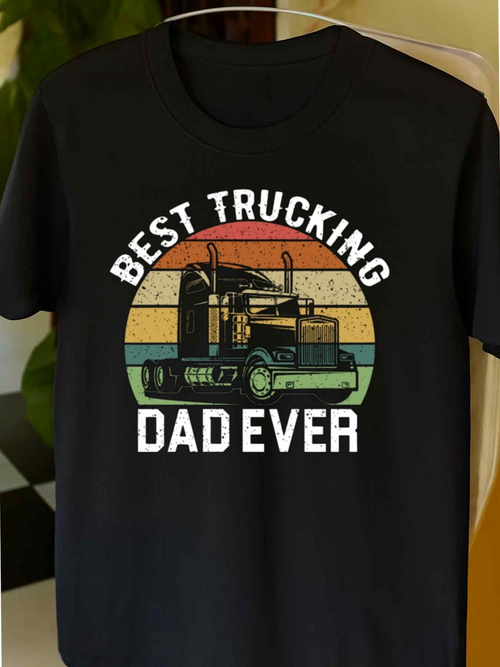 Men's Graphic T-Shirt Best Trucking Dad Ever Vintage Rainbow Sunset With Classic Semi Truck