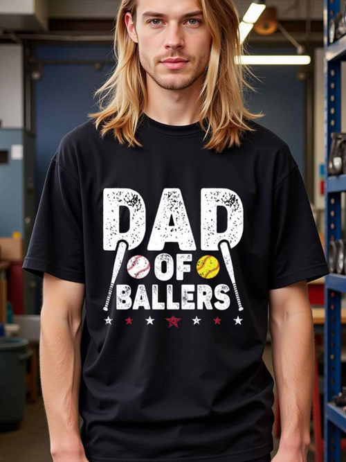 Men's Graphic T-Shirt Dad Of Ballers Bold Lettering With Bats Stars And Baseballs T Shirt