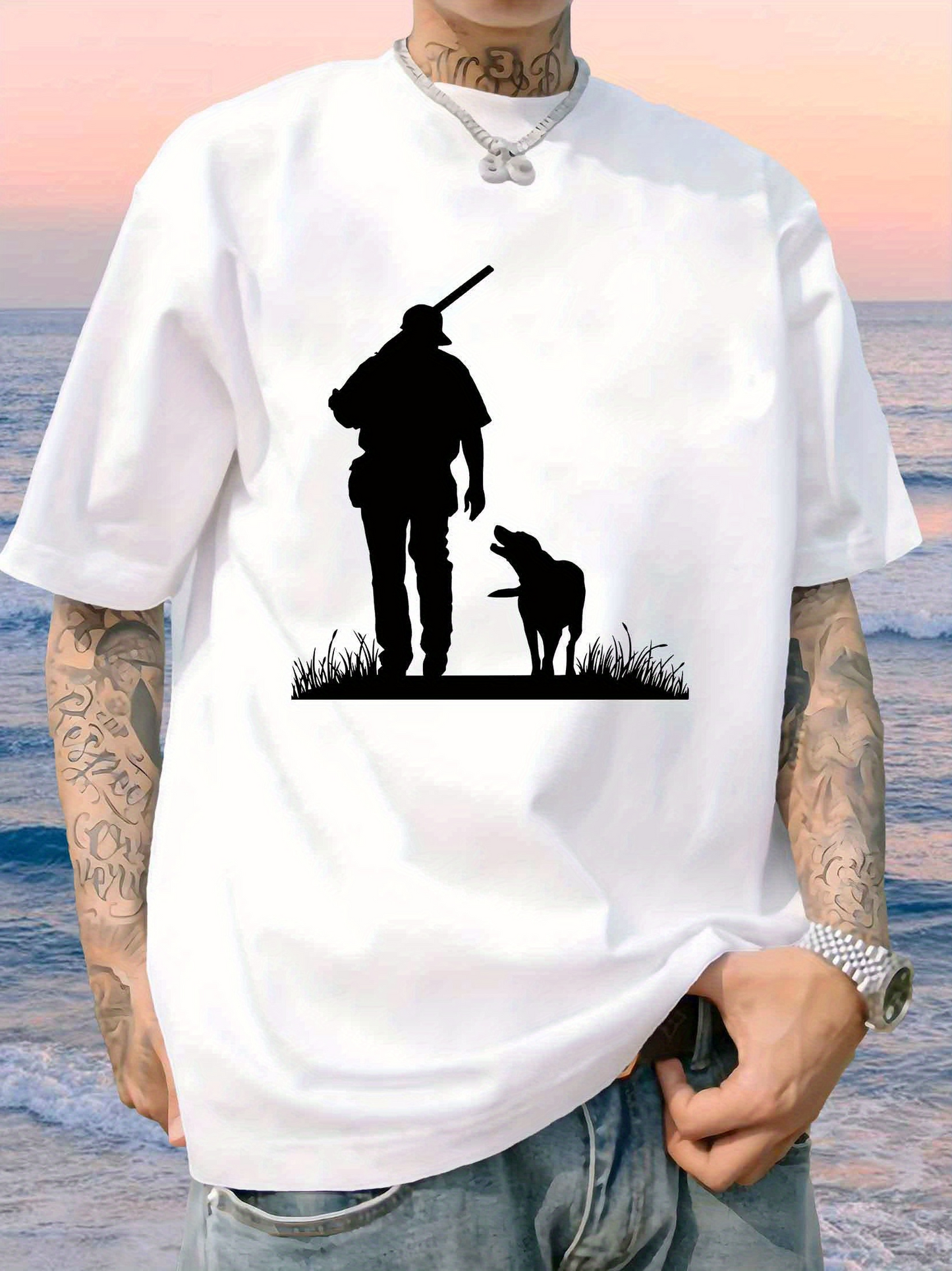 Men's Graphic T-Shirt Shadowed Silhouette Of Hunter Standing With Loyal Dog Companion