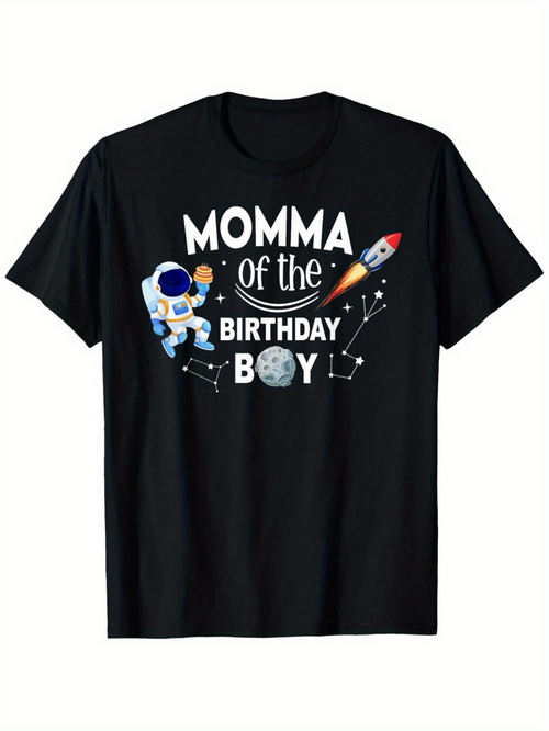 Men's Graphic T-Shirt Momma Of The Birthday Boy With Astronaut Rocket And Constellation Moon