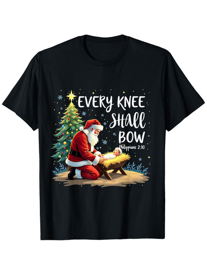Men's Graphic T-Shirt Every Knee Shall Bow Santa Kneeling By Manger Under Christmas Tree