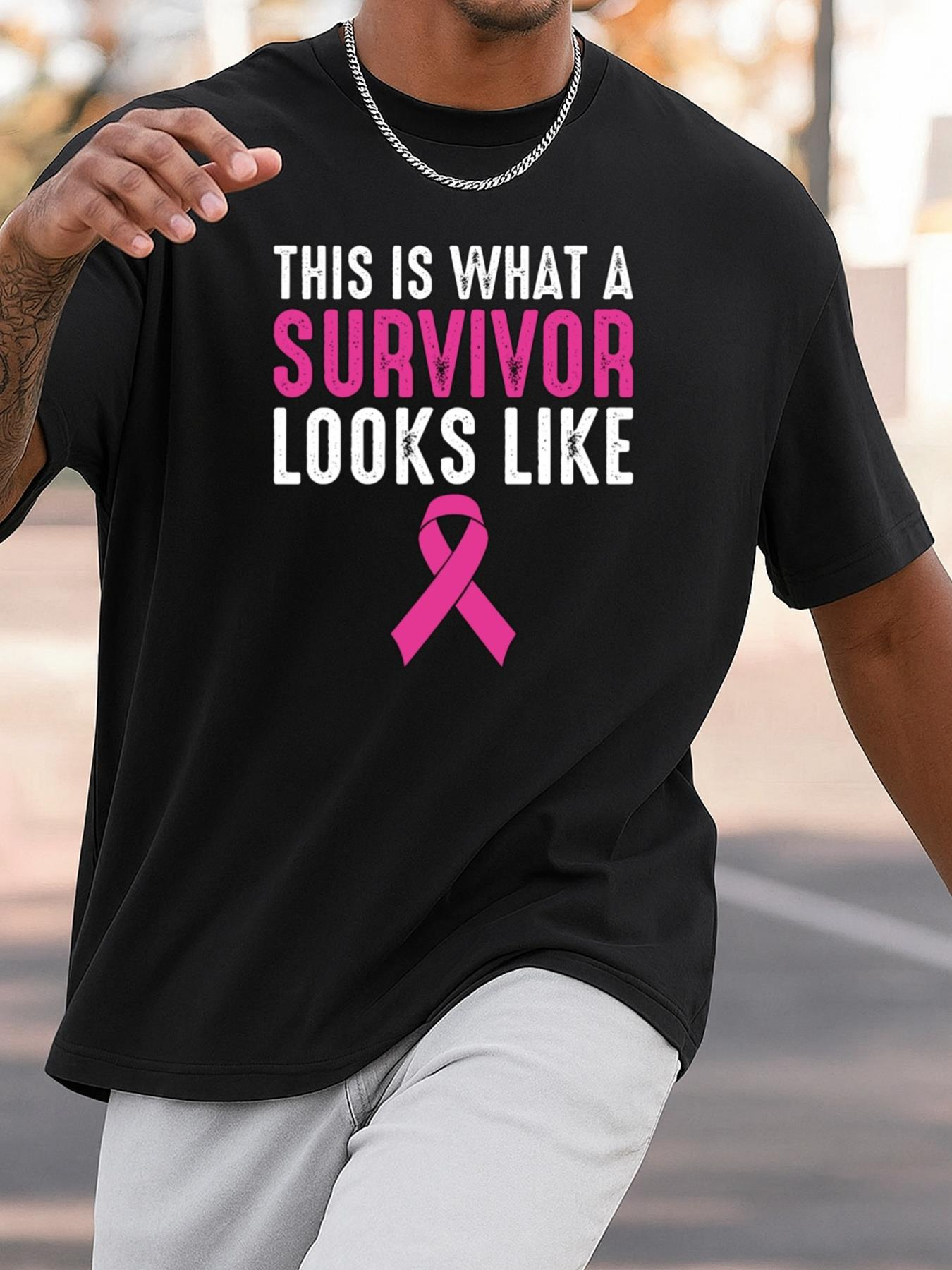Men's Graphic T-Shirt This Is What A Survivor Looks Like Bold Pink Ribbon On Black Shirt