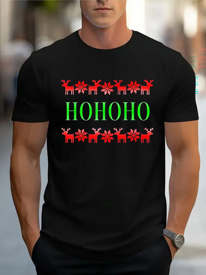 Men's Graphic T-Shirt Hohoho Red Reindeer With Holiday Snowflake Decorative Pattern