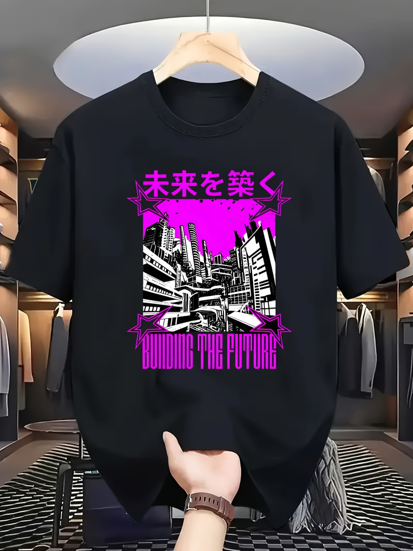 Men's Graphic T-Shirt Building The Future Neon Cityscape With Bold Urban Skyline Graphics