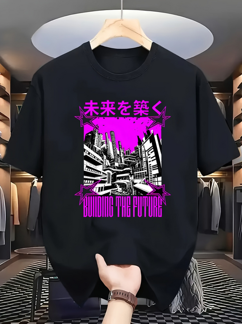 Men's Graphic T-Shirt Building The Future Neon Cityscape With Bold Urban Skyline Graphics