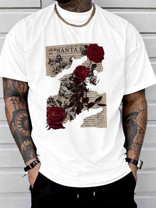 Men's Graphic T-Shirt Vintage Newsprint Collage With Deep Red Roses Blooming On White Shirt