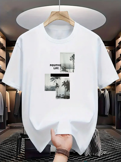 Men's Graphic T-Shirt Positive Life With Dreamy Palm Trees In Soft Misty Scenery