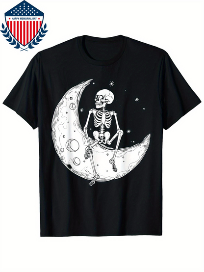Men's Graphic T-Shirt Glow In The Dark Crescent Moon With Sitting Skeleton