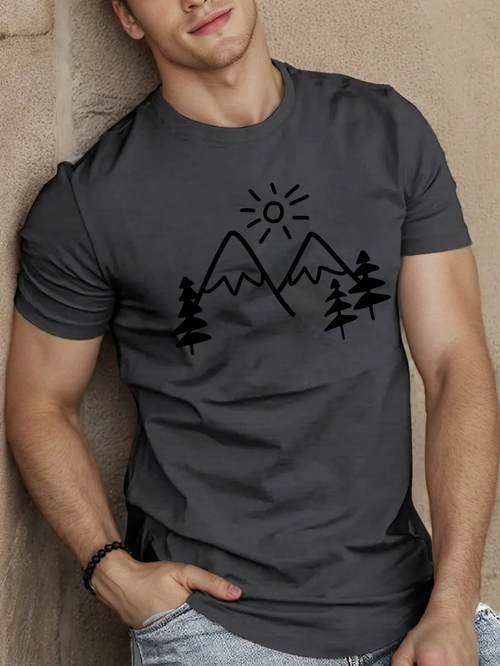 Men's Graphic T-Shirt Sunshine Over Snow Capped Mountains With Pine Trees Design