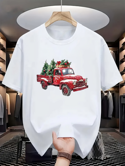 Men's Graphic T-Shirt Classic Red Truck With Christmas Trees Under Snowy Sky Truck