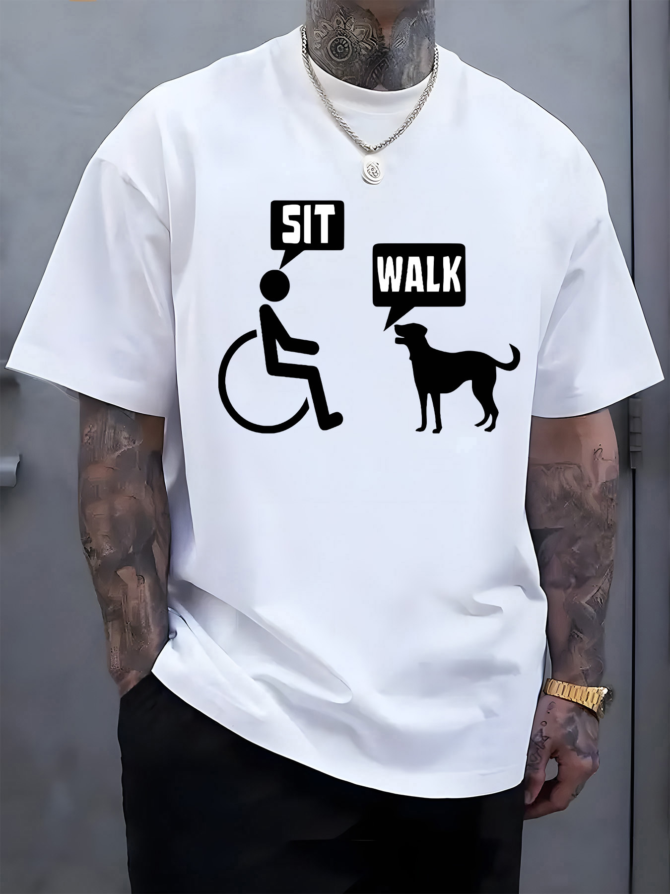 Men's Graphic T-Shirt Sit Walk Speech Bubbles With Stick Figure Wheelchair And Dog