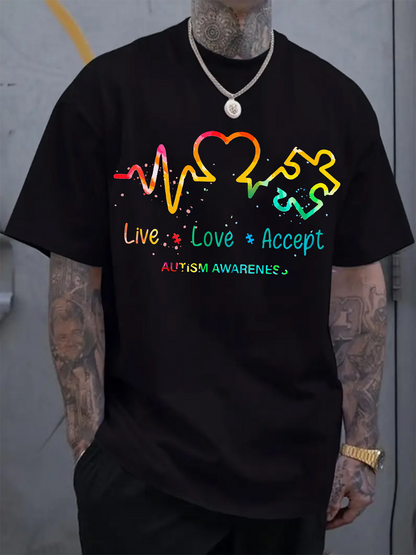 Men's Graphic T-Shirt Live Love Accept Colorful Puzzle Heart Design Promoting Autism Awareness
