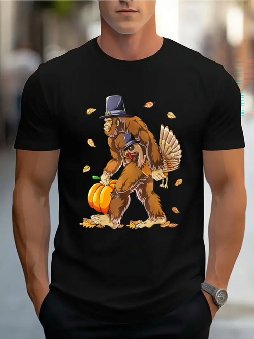 Men's Graphic T-Shirt Falling Autumn Leaves And Pumpkin With Pilgrim Hat Sasquatch