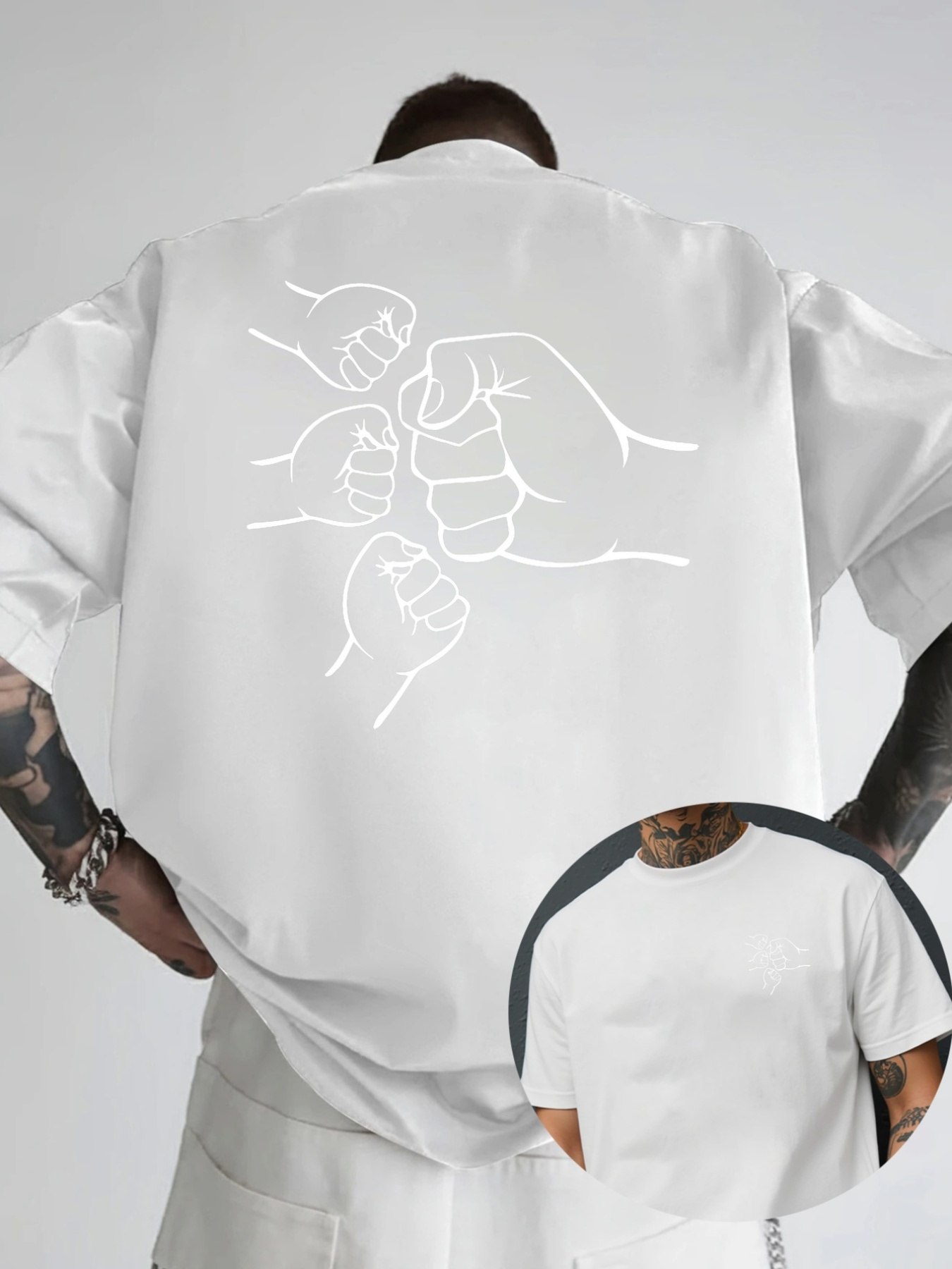 Men's Graphic T-Shirt Minimalist Line Art Depicting Unity And Togetherness Among Fist Hands